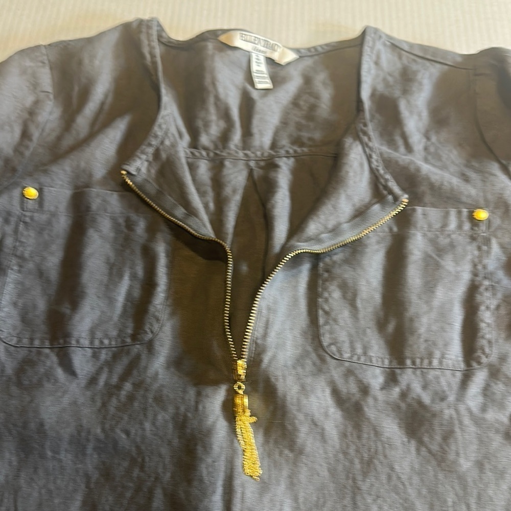 Ellen Tracy linen grey gold Boxy Blouse with Cuffed Sleeves and round Collar - Picture 7 of 10